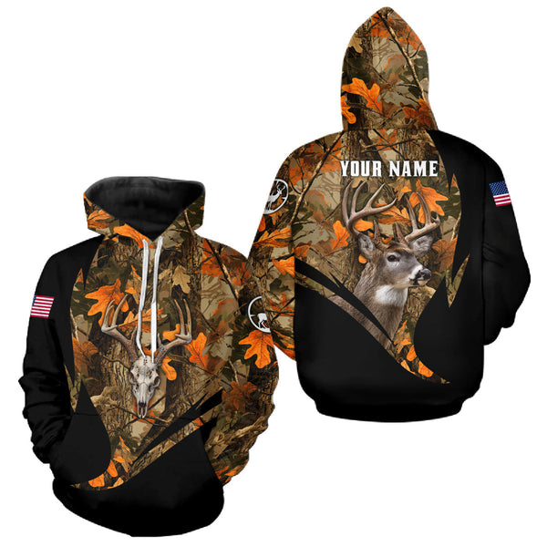 Maxcorners Deer Hunting Shirt 3D Autumn Camo Custom Name With Deer Skull Whitetail And US Flag LM1610