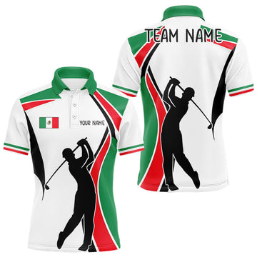 Maxcorners Mexican Flag White Golf Pattern Mens Polo Shirt Patriotic Mens Golf Shirt Mexico Golf Gifts