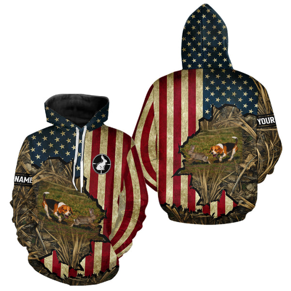 Maxcorners Beagle Dog Chasing Rabbit 3D American Flag Camo Custom Name Shirt, Rabbit Hunting Clothing LM1610