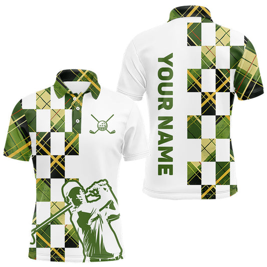 Personalized Green Tartan Plaid Mens Golf Polo Shirt, Custom Name Golf Shirt For Team LM1203