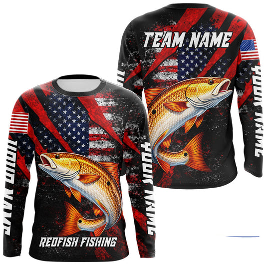 Maxcorners Patriotic Redfish Fishing Jersey, Fishing Shirts Long Sleeve Custom Name For Men LM2602
