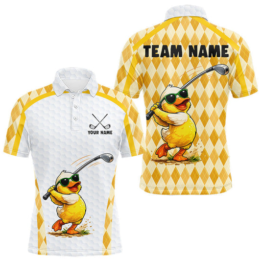 Maxcorners Custom Yellow & White Funny Duck Golf Shirt For Mens, Golf Jersey Argyle Pattern For Mens LM1903