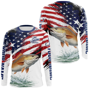Maxcorners Personalized Patriotic Redfish Fishing Shirts Long Sleeve, American Flag Fishing Jerseys For Men LM1904