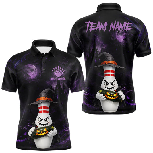 Maxcorners Personalized Halloween Bowling 1/4 Zip Polo Shirt For Men - Purple Witch Pin Team Name Jersey