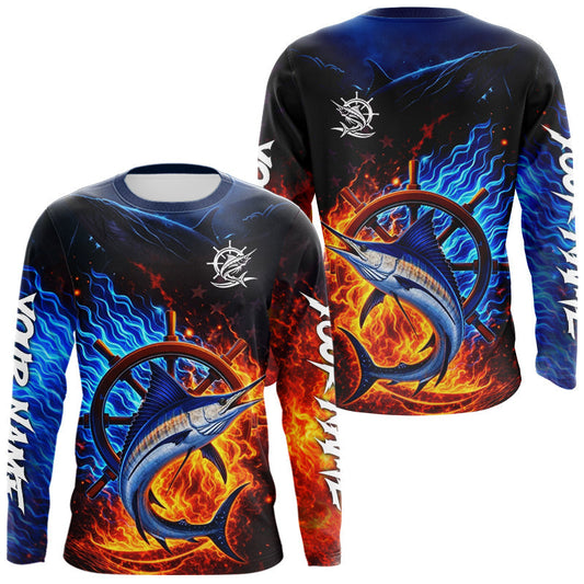 Maxcorners Marlin Fishing Shirt Long Sleeve Blue Fire Flame Smoke Personalized Name, Best Fishing Gift LM2901