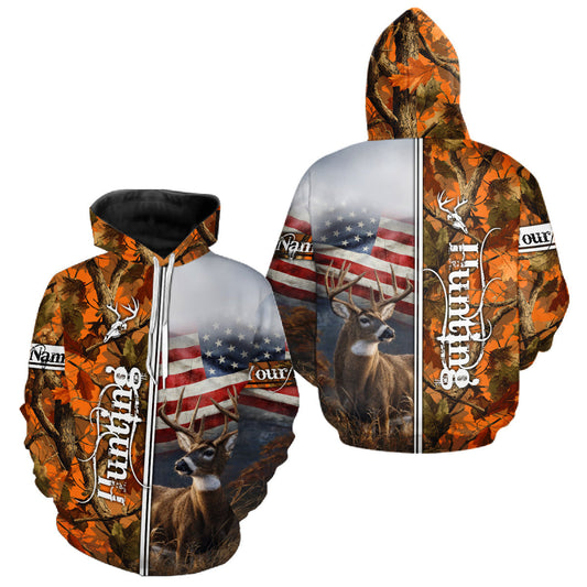 Maxcorners Custom Camouflage Deer Hunting With US Flag For Men, Hoodie Hunting Shirt LM1812
