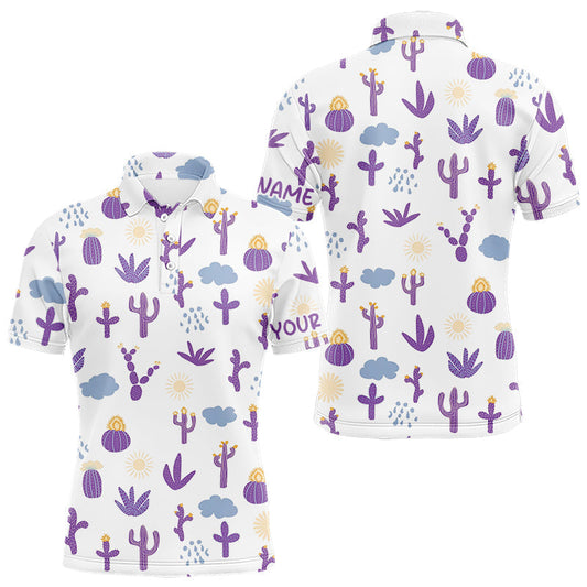 Maxcorners Custom Purple Cactus Mens Golf Polo Shirt - Personalized Desert Pattern Performance Golf Jersey LM2405