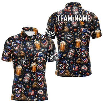 Maxcorners Personalized Patriotic Raccoon Shirt Custom Name USA 250 Years Polo Funny Beer & Golf Lover Gift LM2405