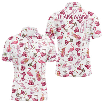 Maxcorners Funny Golf Polo Shirt For Mens Cherry Flamingo Golf Cart Pattern Summer Sport Top LM2704
