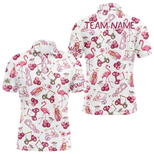 Maxcorners Funny Golf Polo Shirt For Mens Cherry Flamingo Golf Cart Pattern Summer Sport Top LM2704