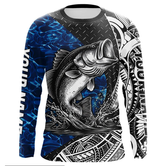 Maxcorners Largemouth Bass Fishing Blue Fishing Shirt Custom Name Long Sleeves, Fishing Gif LM0201
