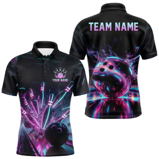 Maxcorners Custom Neon Glow Bowling Jersey, Personalized Purple Cyan Light Polo & Quarter-Zip Shirt LM2806
