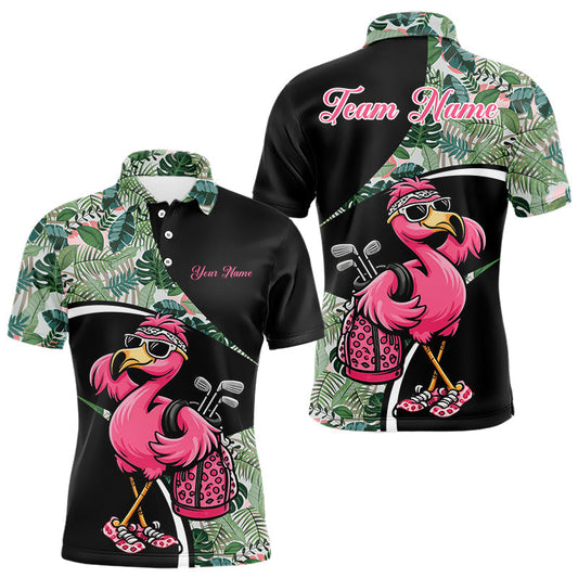 Maxcorners Funny Pink Flamingo Pattern Green Tropical Golf Polo Shirt For Men, Custom Flamingo Golf Shirt For Team