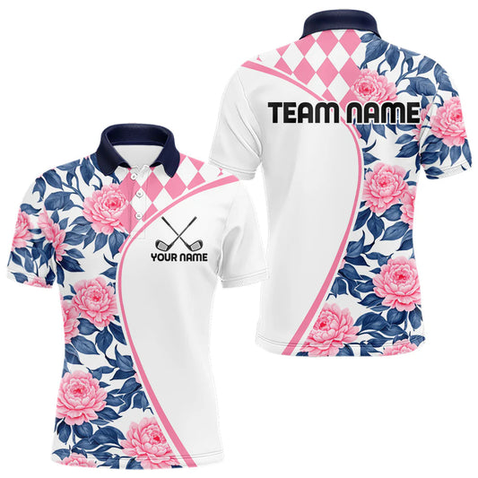 Maxcorners Personalized Pink Tropical Flower Mens Golf Tops Custom Team Golf Shirts, Family Team Shirt LM0404
