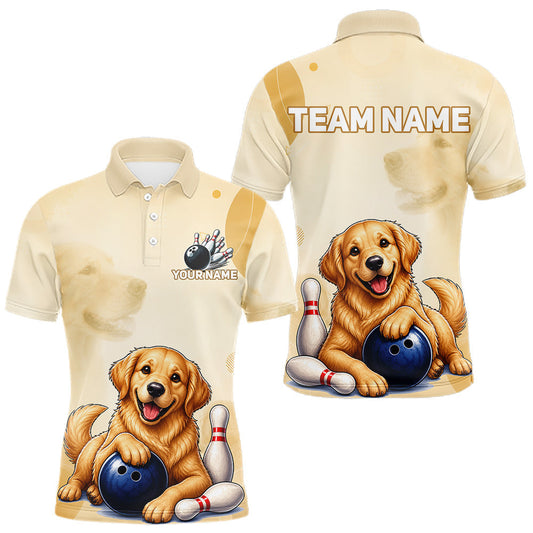 Maxcorners Custom Name Team Bowling Jersey, Men's Golden Retriever Bowling Polo Shirt & Quarter Zip LM0607
