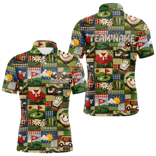 Maxcorners Funny Golf Patchwork Polo Shirt For Men, Personalized Mens Golf Polo Shirt, Vintage Quilt Golf Pattern