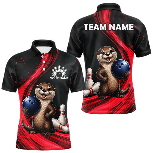 Maxcorners Otter Bowling Shirt Custom Name Black Red Bowling Ball Personalized Team Jersey For Men