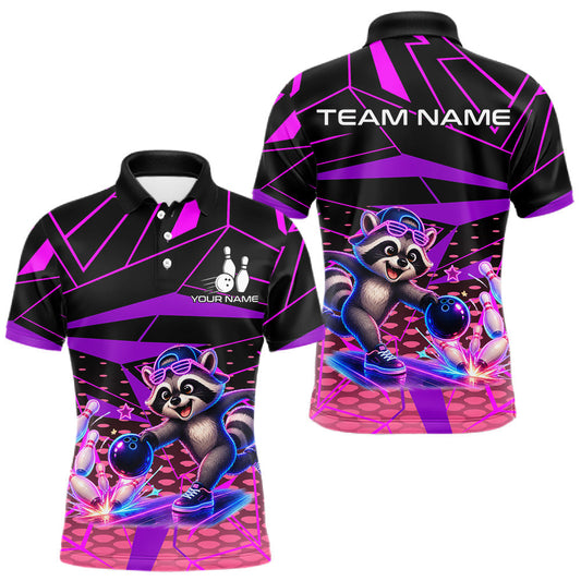 Maxcorners Custom Bowling Team Polo Shirt Neon Raccoon Bowling Personalized Name Jersey For Men