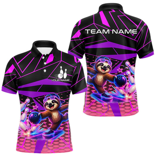 Maxcorners Custom Bowling Team Polo Shirt Neon Sloth Bowling Personalized Name Jersey For Men