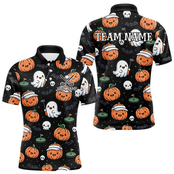 Maxcorners Halloween Pumpkin Ghost Men Golf Polo Shirt Custom Name Personalized Golf Team Jersey LM2607
