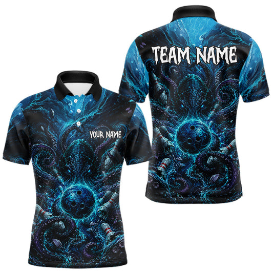 Maxcorners Custom Blue Kraken Bowling Jersey For Men Bowling Team Shirts Bowling League Polo & 1/4 Zip