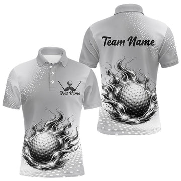 Maxcorners Personalized Flaming Golf Ball Mens Polo Shirt Gray Fire Design Custom Name Golf Shirts For Team LM2603