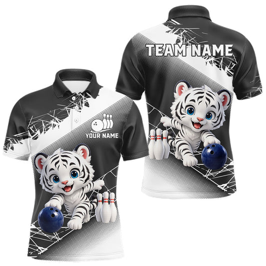 Maxcorners Custom White Black Cute Tiger Personalized Bowling Polo & Quarter-Zip Shirt For Men LM2806