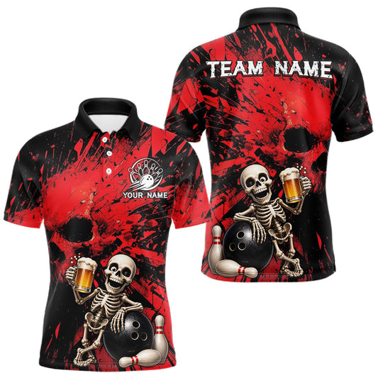 Maxcorners Custom Skeleton Beer Bowling Jersey, Red Splatter Skull Polo & Quarter-Zip Shirt Gift For Men LM2806