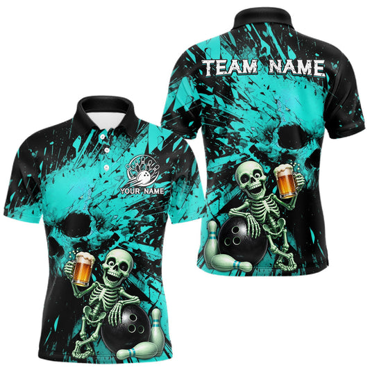 Maxcorners Custom Skeleton Beer Bowling Jersey, Turquoise Splatter Skull Polo & Quarter-Zip Shirt Gift For Men LM2806