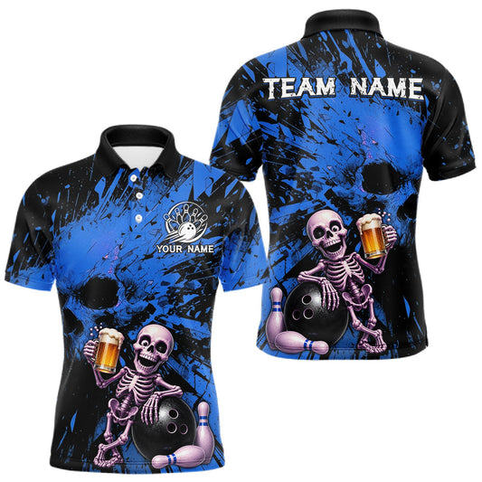 Maxcorners Custom Skeleton Beer Bowling Jersey, Blue Splatter Skull Polo & Quarter-Zip Shirt Gift For Men LM2806