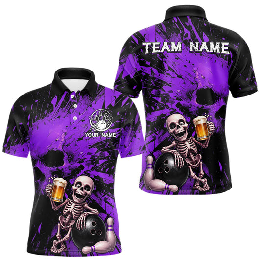 Maxcorners Custom Skeleton Beer Bowling Jersey, Purple Splatter Skull Polo & Quarter-Zip Shirt Gift For Men LM2806