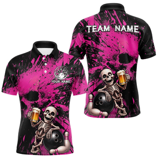 Maxcorners Custom Skeleton Beer Bowling Jersey, Pink Splatter Skull Polo & Quarter-Zip Shirt Gift For Men LM2806