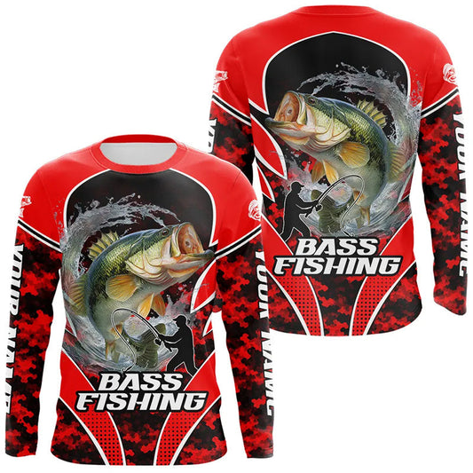 Maxcorners Personalized Bass Fishing Jerseys, UV Protection Shirt Customize Name Fishing | Red