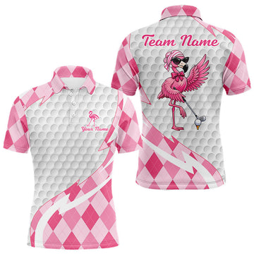 Maxcorners Pink Argyle Plaid Pattern Funny Flamingo Golf Wine Mens Golf Polos Shirt Custom Funny Golf Shirt For Ladies
