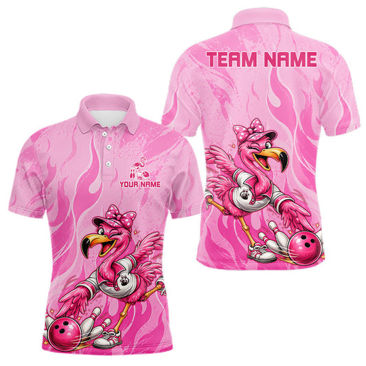 Maxcorners Men's Custom Flamingo Bowling Shirt Pink Personalized Team Bowling Polo Funny Bowling Jersey Gift