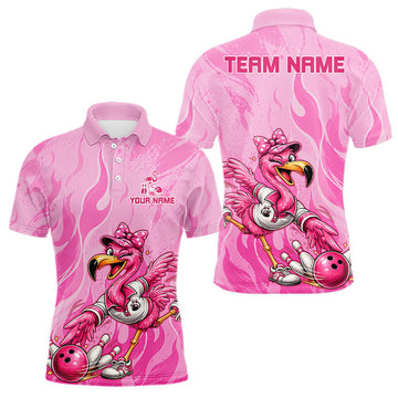 Maxcorners Men's Custom Flamingo Bowling Shirt Pink Personalized Team Bowling Polo Funny Bowling Jersey Gift LM2607