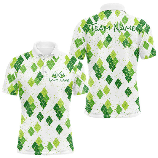 Maxcorners Green Argyle Mens Golf Polo Shirt, Pattern Golf Shirts Custom Team Golf Polo