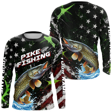 Maxcorners Best Pike Fishing Shirts Long Sleeve American Flag Patriotic Custom Name Fishing Tournament LM2405