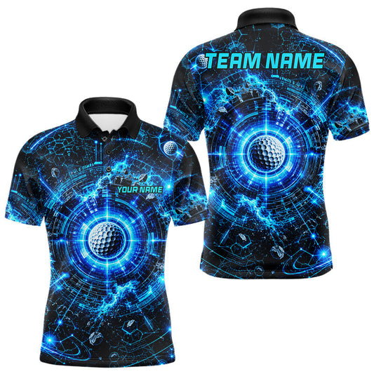Maxcorners Custom Mens Golf Polo Shirt – Futuristic Blue Golf Ball Personalized Team Golf Jersey