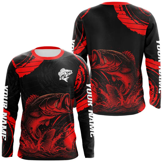Maxcorners Personalized Bass Fishing Jerseys, Bass Fishing Long Sleeve Shirt| Red LM0201