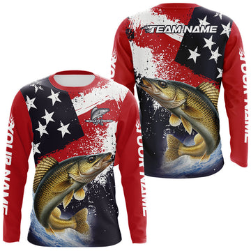 Maxcorners Personalized Walleye Fishing Jerseys, Custom American Flag Walleye Fishing Shirts Long Sleeve
 LM0503