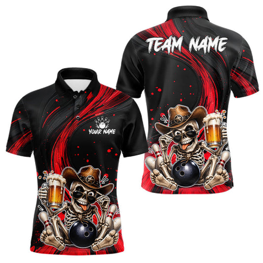 Maxcorners Funny Skeleton Cowboy Bowling Shirt, Personalized Red Color Beer Bowler Polo & Quarter-Zip LM2806