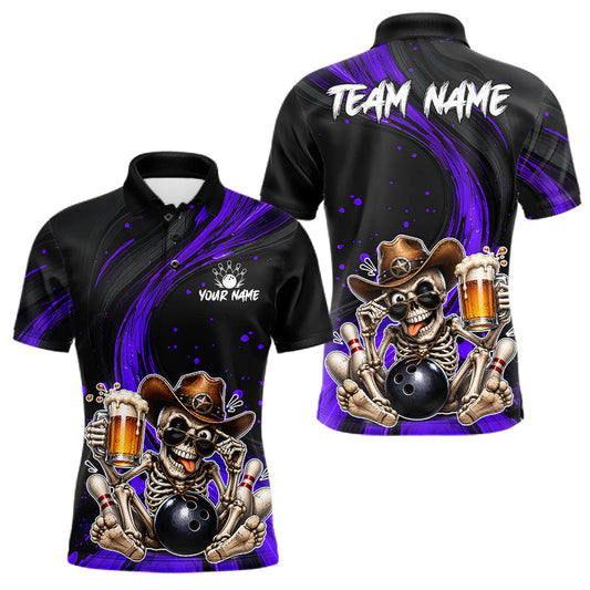 Maxcorners Funny Skeleton Cowboy Bowling Shirt, Personalized Purple Color Beer Bowler Polo & Quarter-Zip LM2806