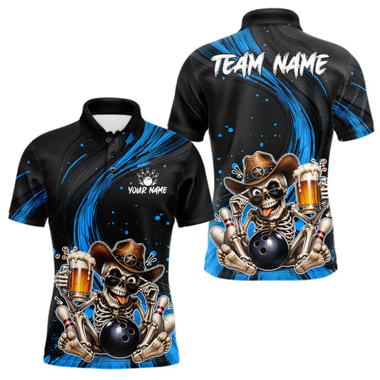 Maxcorners Funny Skeleton Cowboy Bowling Shirt, Personalized Blue Color Beer Bowler Polo & Quarter-Zip LM2806