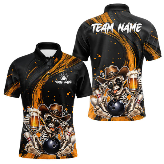 Maxcorners Funny Skeleton Cowboy Bowling Shirt, Personalized Yellow Color Beer Bowler Polo & Quarter-Zip LM2806