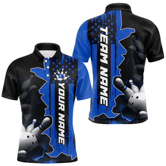 Maxcorners Men's Custom Bowling Tournament Polo Shirt & 1/4 Zip â€“ Personalized Team Bowling Jersey| Blue LM0607