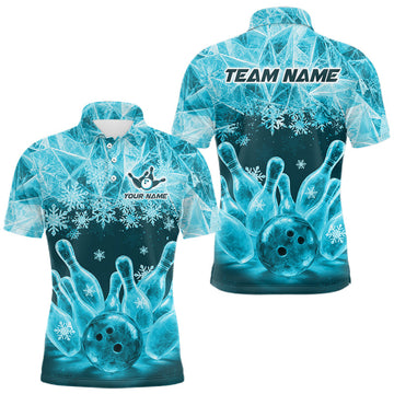 Maxcorners Turquoise Winter Bowling 1/4 Zip Polo Shirt Custom Name – Ice Bowling Ball Performance Jersey For Men