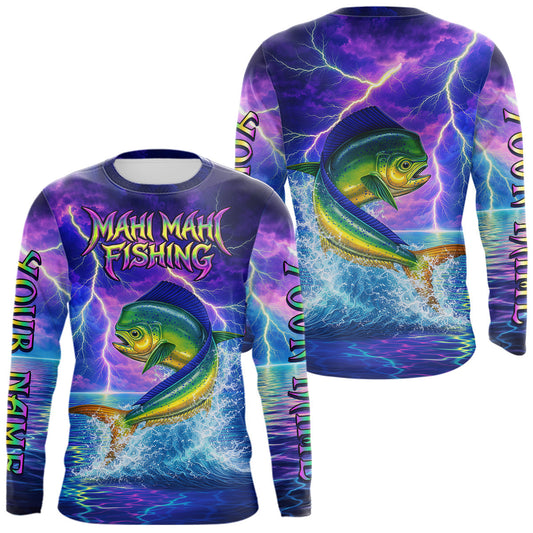 Maxcorners Custom Neon Pattern Mahi Mahi Fishing Shirts Long Sleeve, Fishing Shirt Jersey LM1203