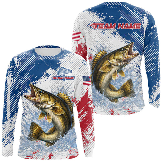 Maxcorners Custom Patriotic American Flag Walleye Fishing Shirts Long Sleeve, Fishing Tournament Jerseys LM1903