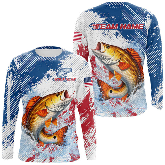 Maxcorners Custom Patriotic American Flag Redfish Fishing Shirts Long Sleeve, Fishing Tournament Jerseys LM1903